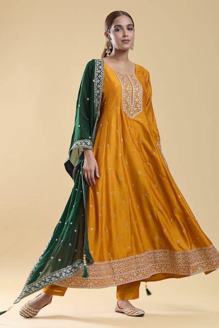 Buy Yellow Chinon, Lining Crepe Mosaic Bloom Round Neck Embroidered ...