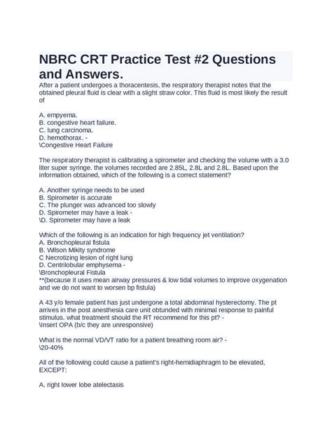 NBRC CRT Practice Test #2 Questions and Answers | Exams Medicine | Docsity