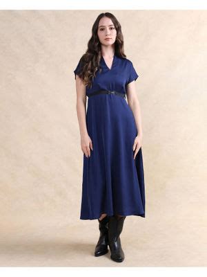 Buy RAREISM Navy Blue Azerbag Primary A-Line Midi Dress with Belt (Set ...