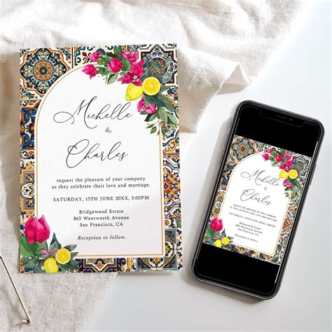 Spanish Wedding Invitation, Italian Wedding, Lemon and Bougainvillea ...