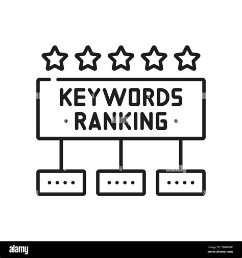 Keyword ranking and seo optimization outline icon. Vector five stars rank award, keywords and ...