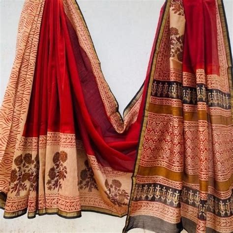 Red and Beige Chanderi Silk Saree with Ethnic Block Print Design ...