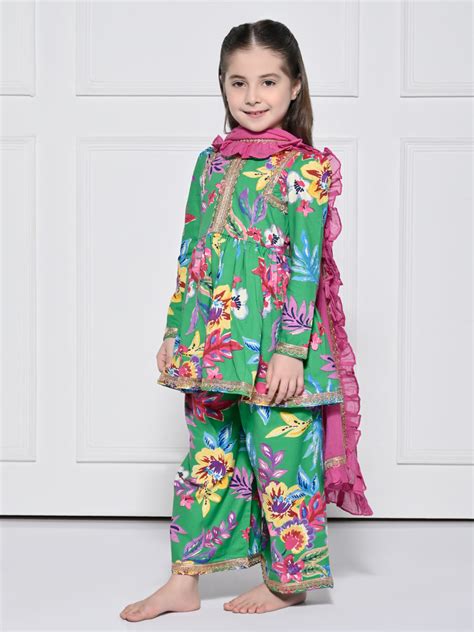Green Floral Cotton Suit for Girls