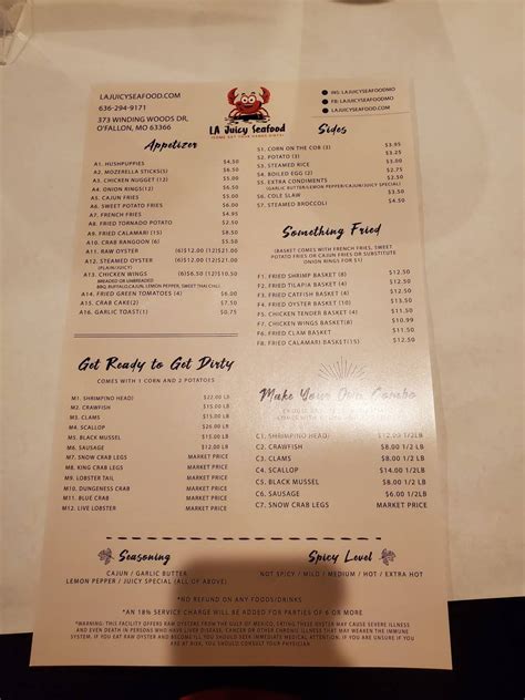 Menu at La juicy Seafood restaurant, O'Fallon