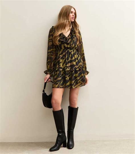 Khaki Animal Print Chiffon Ruffle Mini Dress | New Look