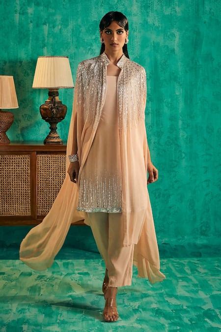 Buy Peach Georgette Embroidered Crystal High Embellished Cape Pant Set ...