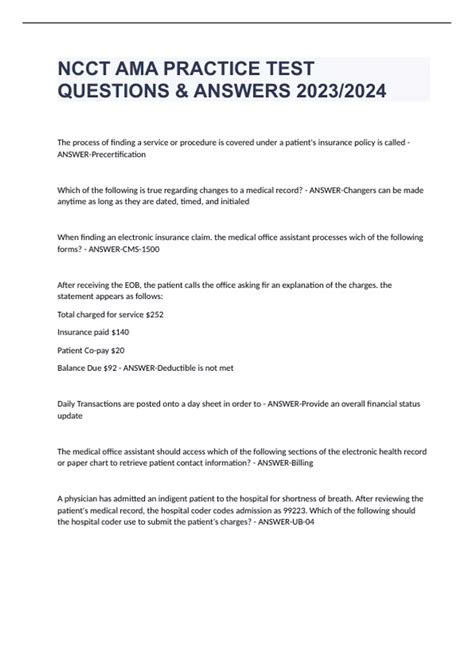 NCCT AMA PRACTICE TEST QUESTIONS & ANSWERS 2023/2024 - NCCT AMA - Stuvia US