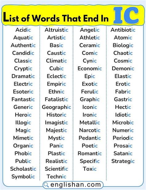 Complete List of Words That End in IC