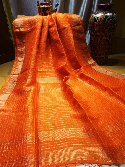 Checkered Pure Linen Saree