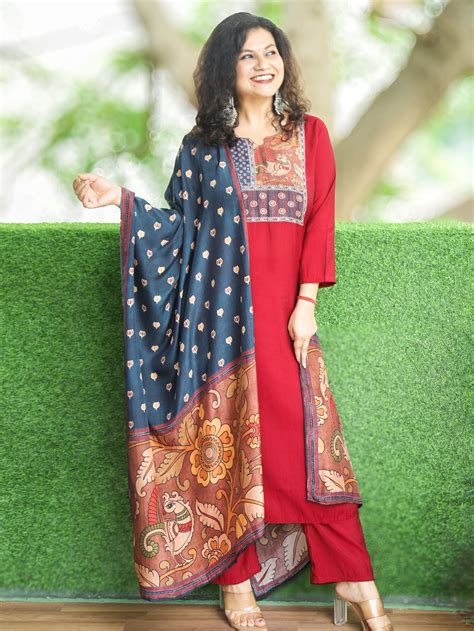 Sukhmani Maroon Red Floral Printed Patch Yoke with Patra Work Modal 3 ...