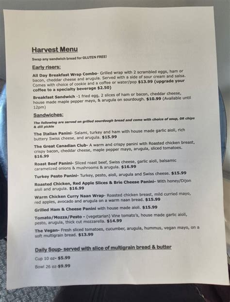 Menu at Harvest Cafe, Saint John