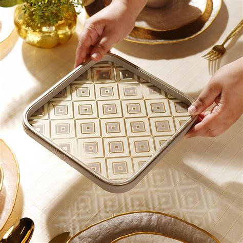 Beige Printed Square Faux Leather Platter - Small