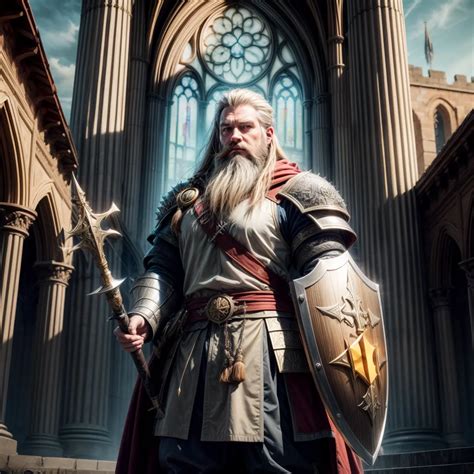 portrait of a male, dwarf, paladin, with a long, braided blond hair ...