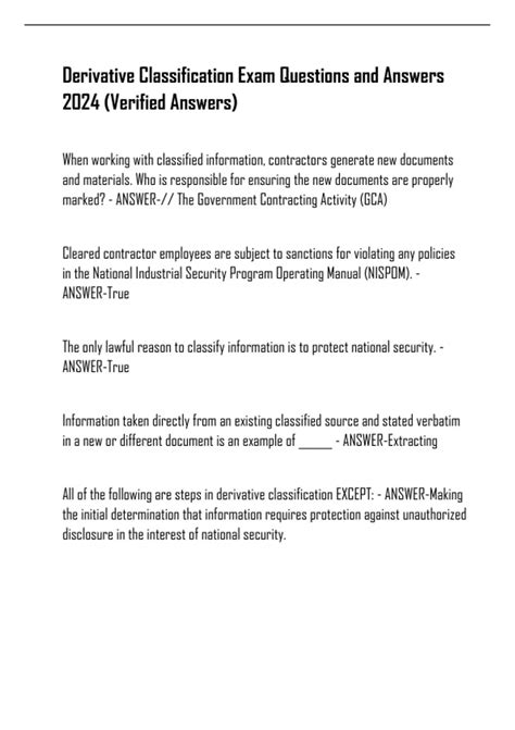 Derivative Classification Exam Questions and Answers 2024 (Verified ...