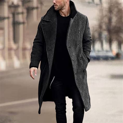Njoeus Men's Mid Long Trench Coat Winter Long Jacket Woolen Blends ...