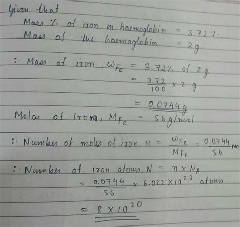 4.Hemoglobin present in blood contains 3.72% by mass iron. Calculate ...