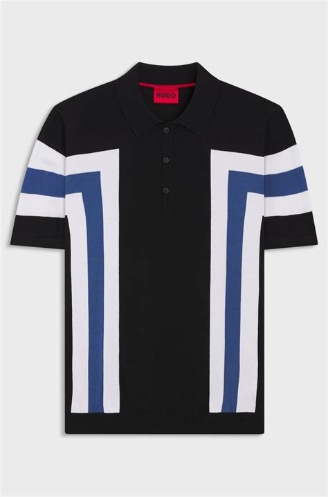 HUGO - Block-stripe knit polo in cotton - Black / White / Blue