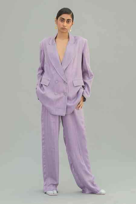 Buy Purple Cotton Satin Lapel Collar Double Breasted Jacket And Pant ...