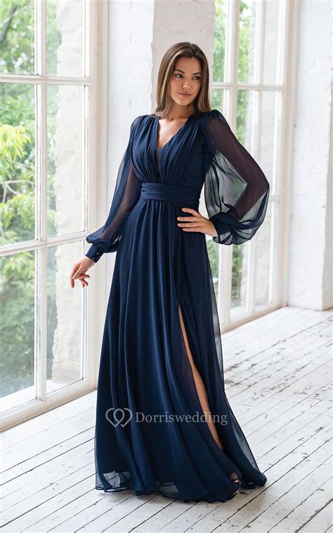 A-Line V-neck Long Ilusion Sleeve Empire Floor Length Chiffon Dress ...