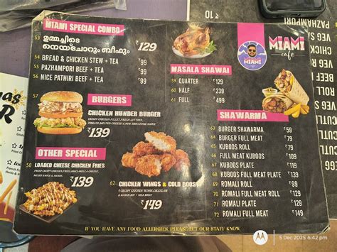 Menu at MIAMI CAFE, Kalady