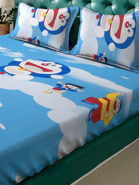 Klotthe Blue Cartoon Characters 400 TC Pure Cotton Fitted Double Bedsh ...