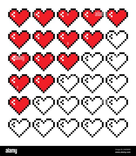 Pixel heart life bar set vector illustration. Heart in 8 bit style ...