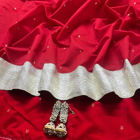 Deep Red chanderi saree with zari bootis all over – Roots Handloom