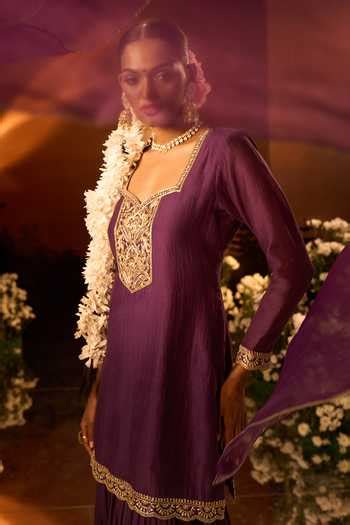 Buy Purple Chanderi, Silk, Organza Embroidery Kurta Gharara Set For ...