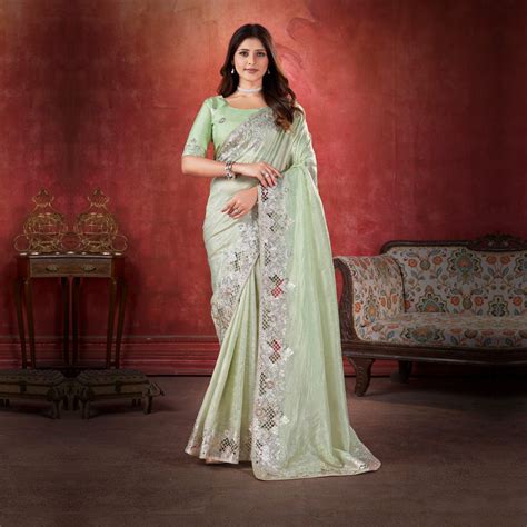 Glamour Serene Light Green Embroidered Saree – Suvidha Fashion
