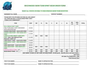 Fillable Online BEECHWOOD SWIM TEAM SPIRIT WEAR ORDER FORM Fax Email ...