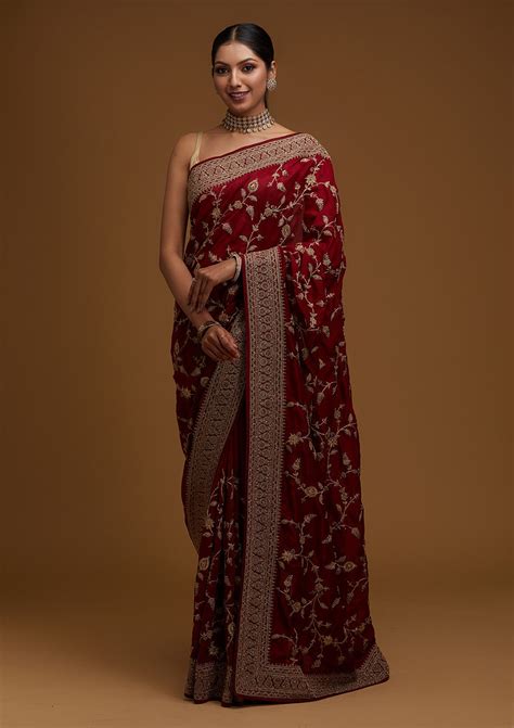 Buy Maroon Stone Work Raw Silk Saree - Koskii