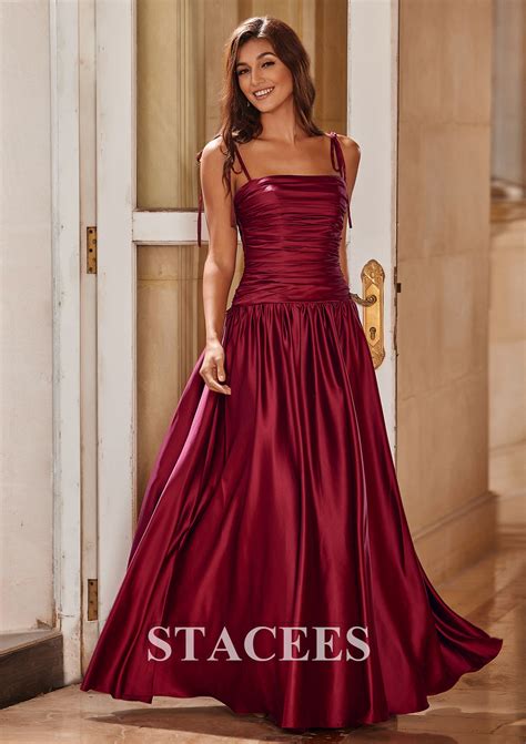 A-line Satin Prom Dress Square Neckline Floor-Length with Pleated ...