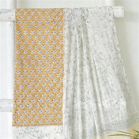 ROZANA-Pure Cotton Jaipuri Mustard Flower Motif Top And White With Gre ...