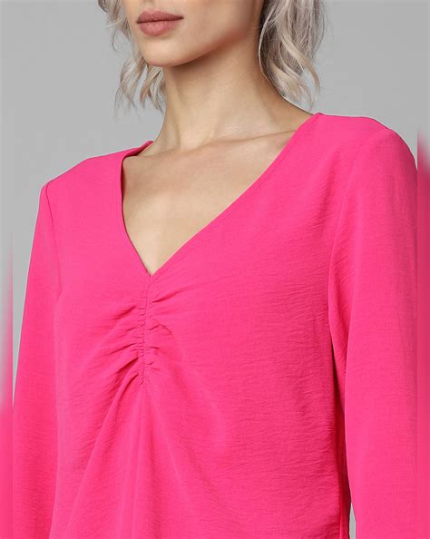 Fuchsia V-Neck Gathered Top
