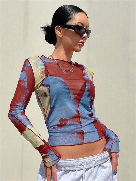 DAZY Tie Dye Lettuce Trim Mesh Top Without Bra Long Sleeve Women Tops ...