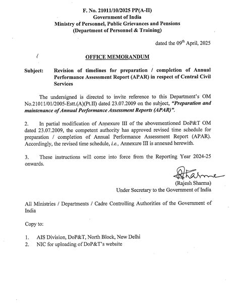APAR 2024-25 Revised Timeline - DoPT Guidelines