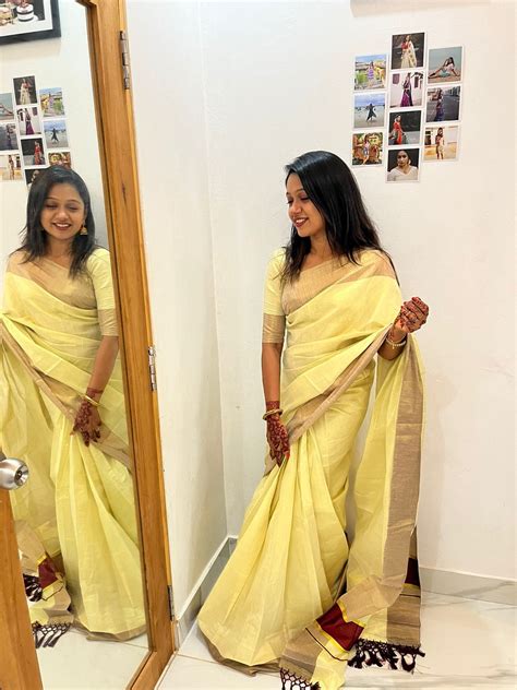 Kerala 5 Inch Color Kasavu Golden Tissue Ready To Wear Saree With Tuss ...