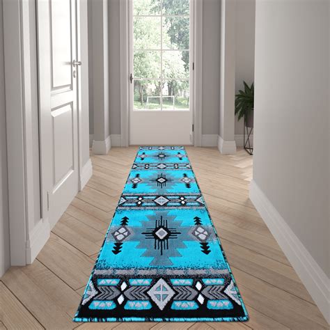 Emma + Oliver Fe 2x7 Turquoise Olefin Accent Rug with Complementary ...