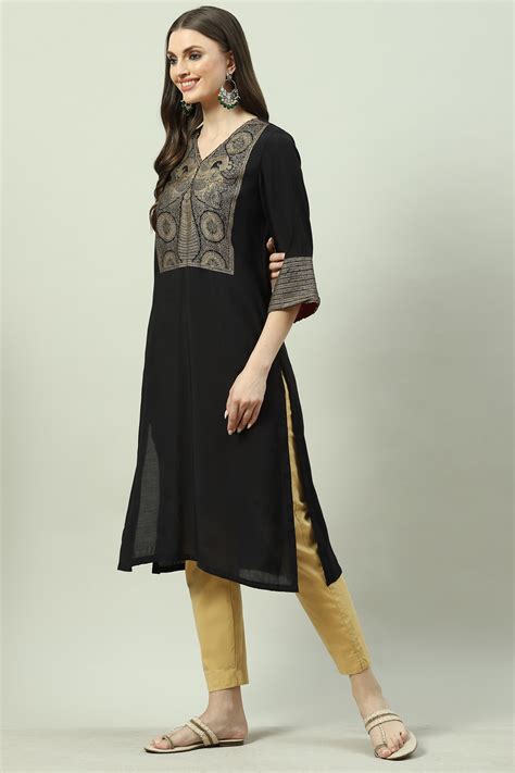 Black LIVA Straight Printed Kurta at Biba India