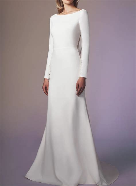 Cowl Back Elegant Long Sleeves Wedding Dresses With Mermaid Elastic Satin - Missacc