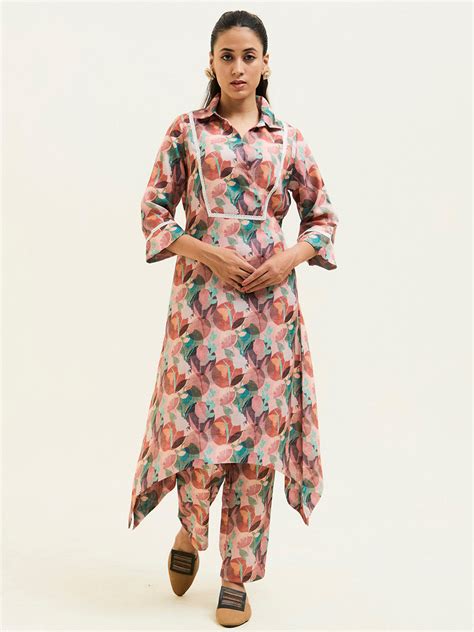 Buy Rose Abstract Printed Asymmetrical Kurta Set - Jaipur Kurti