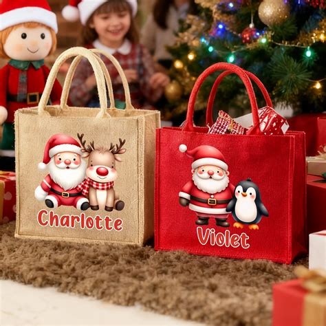 Personalized Cartoon Santa Claus Design Tote Bag with Name, Large Capacity Jute Bag, Holiday ...
