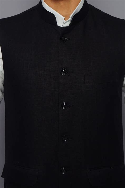 Wintage Men's Pure Linen Nehru Jacket Vest Waistcoat: Black