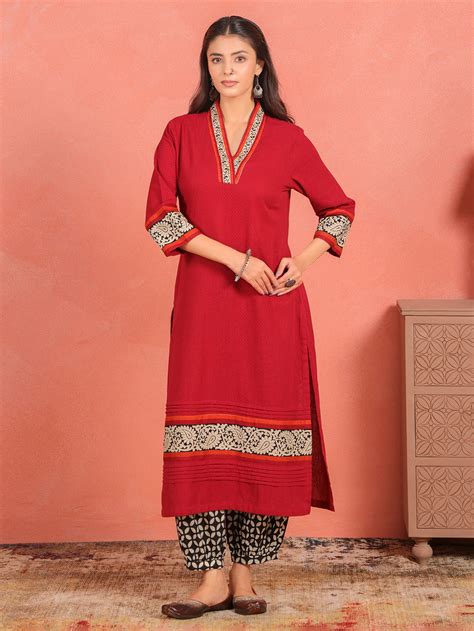 Maroon Kantha Embroidered Cotton Dobby Kurta with Afghani Salwar - Set of 2