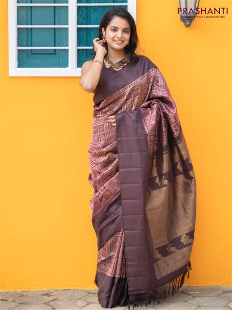 Pure kanchipuram silk saree deep coffee brown and purple shade with al ...