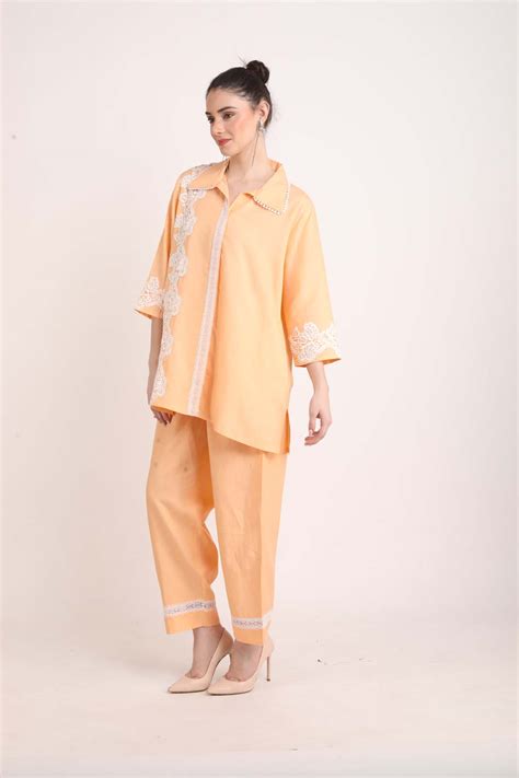 Peach Colored Linen Coord Set with Lace – Uniquestuff
