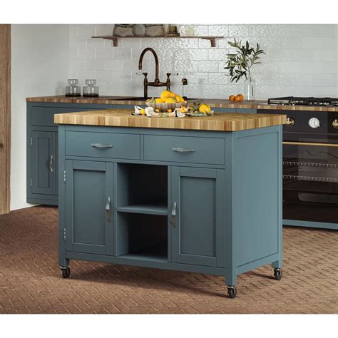 Blue Painted Kitchen Island with Butchers Block Top on Wheels - Home Living