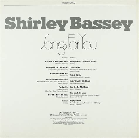 Shirley Bassey. Songs For You – Bertelsmann Vinyl Collection
