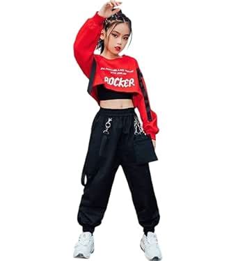 Buy Ameeha Hip Hop Dance Outfit Set, Red Rocker Crop Sweatshirt, Black ...