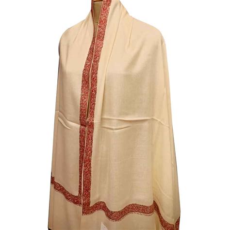 Handmade Cream Semi Pashmina Floral Border Design Needle Work Shawl